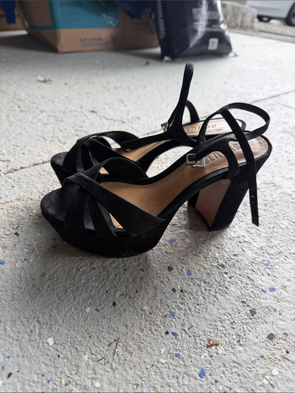 SCHUTZ Black Suede Platform Block Heel Sandals